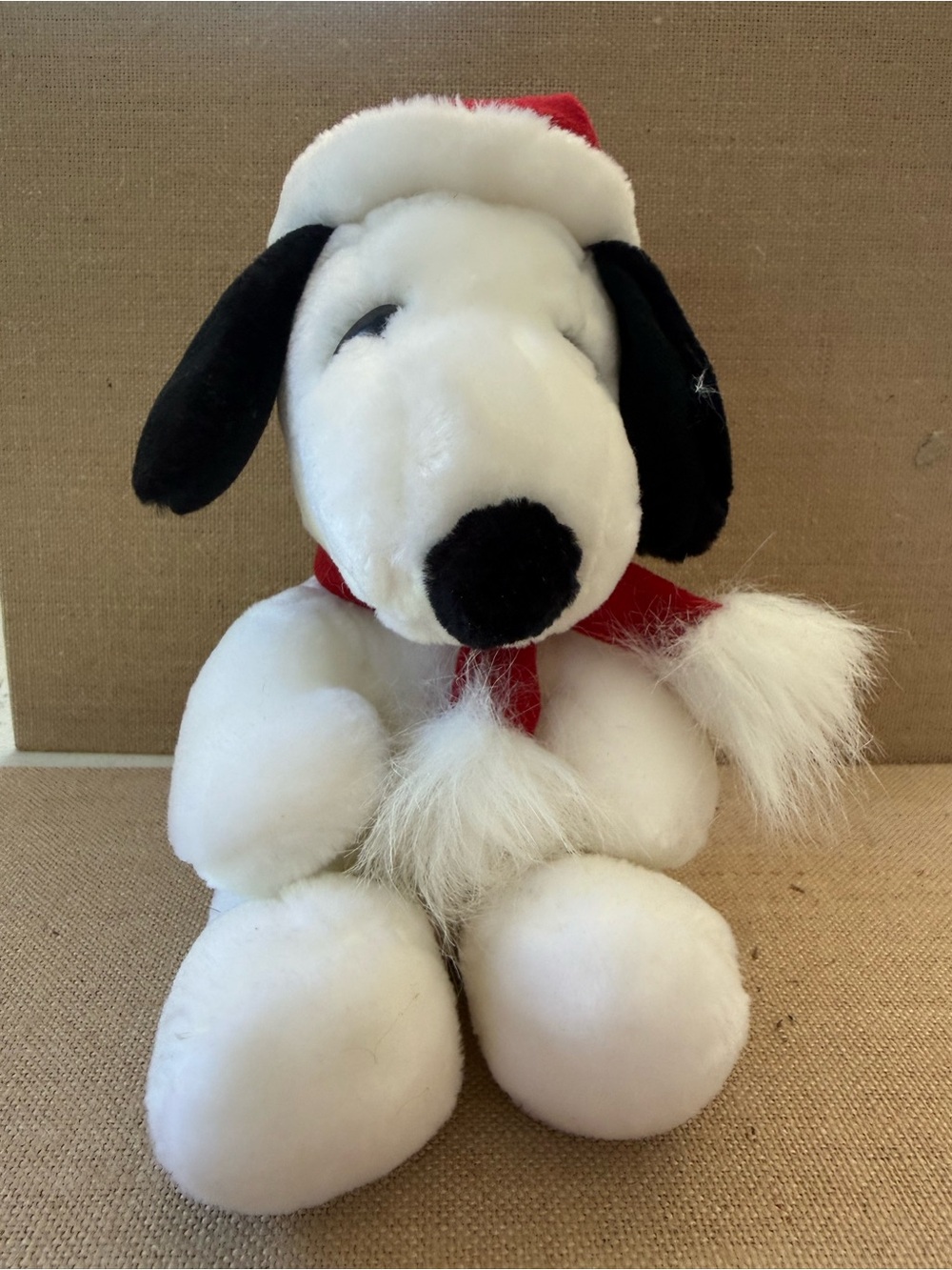 Peanuts White and Black Plush Snoopy with Red Holiday Hat and Scarf